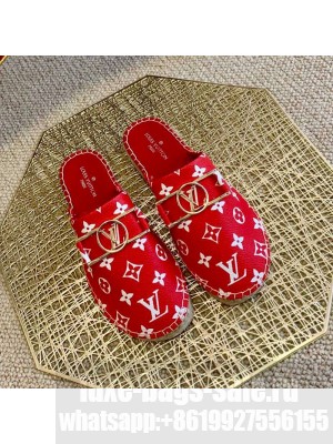 Louis Vuitton Monogram Canvas Espadrille Flat Mules with Rectangle LV Buckle Red 2021 Collection