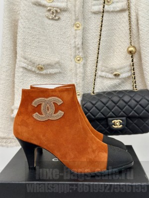 Chanel Suede Grosgrain,Embroidered logo 7cm Ankle Boots Orange/Black 2024