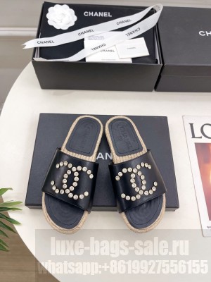 Chanel Leather CC Rhinestone Logo Espadrilles Slide Mules Black 2025