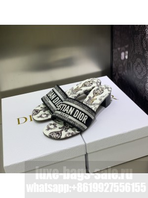 Dior Dway Heeled Slide Sandals 4cm in Cotton Embroidered 2023 Collection 022