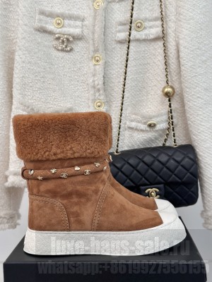 Chanel Suede & Wool Fur Snow Boots Brown 2024