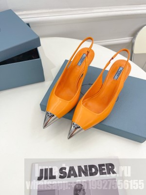 Prada Brush Leather Slingback Pumps 7.5cm with Metal Logo 2022 Collection,Orange