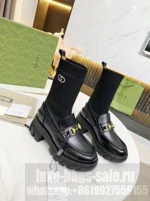 Gucci Women's Leather lug sole Horsebit Sock Boot Black 2021 Collection