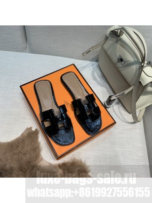 Hermes Oran Flat slippers with Stone pattern Black 076 2021 Collection