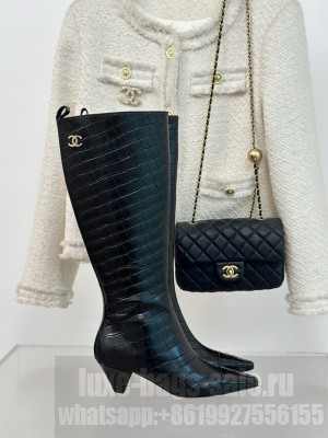 Chanel Women's 5cm CC Logo Croco Patten Black Hight Boots 