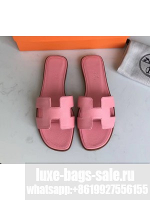 Hermes Oran Flat slippers in epsom leather cherry pink with brown piping