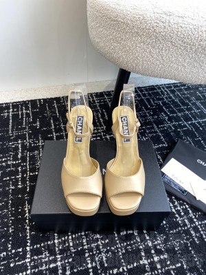 Chanel Platform 4cm Heel 12cm Calfskin Sandals Beige