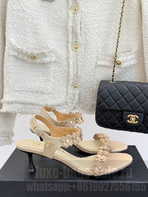 Chanel Calfskin Heel Sandals with Camellia Beige