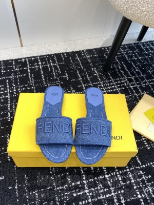 Fendi Signature Flat Slide Sandals Denim Dark Blue