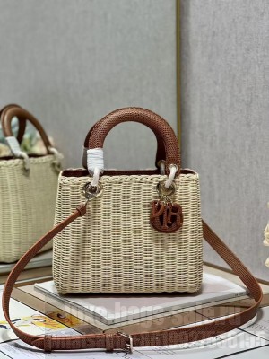 MEDIUM LADY DIOR BAG Natural Wicker and Brown Lizard skin M0565