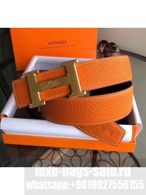Hermes Width 3.8cm Grainy Calfskin Belt With H Buckle Orange/Black 2020 Collection