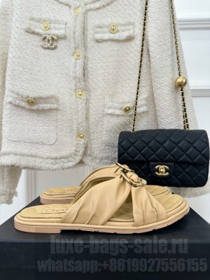 Chanel Lambskin Flat Slide Sandals with Round Buckle Cross Strap Beige