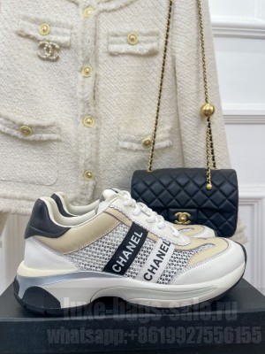Chanel Calfskin and Mesh Sneakers with CHANEL Band Gold/White 2023