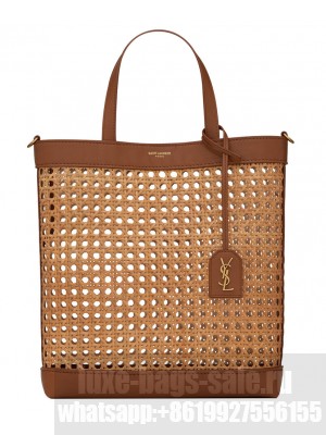 Saint Laurent N/S Toy Shopping Bag In Woven Cane And Leather Coffee