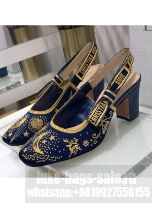 Dior x Moi Slingback Pumps 6.5cm in Navy Blue Star Embroidered Cotton Spring/Summer 2021 Collection