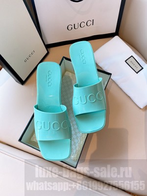 GUCCI HEEL 5.5CM PLATFORM 2.5CM EMBOSSED LOGO RUBBER SLIDE SANDALS LIGHT GREEN