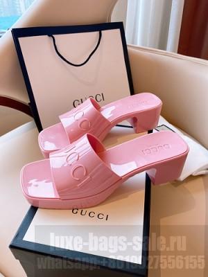 GUCCI HEEL 5.5CM PLATFORM 2.5CM EMBOSSED LOGO RUBBER SLIDE SANDALS PINK