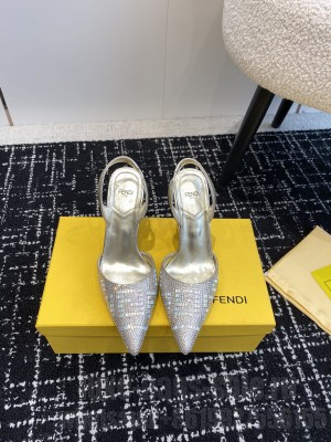 FENDI FIRST Silver-colored rhinestone high-heeled slingbacks