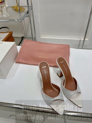 Amina Muaddi Caroline Crystal 9.5cm Slide Satin Mule Sandal White