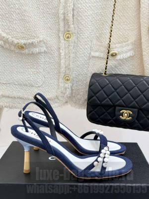 Chanel Vintage Canvas Heel Sandals 7.5cm with Pearls Navy Blue 2025