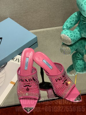 Prada TPU High Heel Mules 10cm with Crystal Studs 2022 Collection,Pink