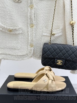 Chanel Lambskin Flat Thong Slide Sandals with Bow Beige 2025