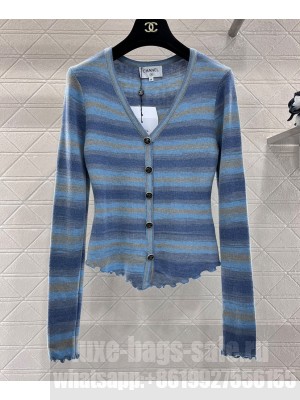 Chanel Women's Striped Knitted Cardigan Blue