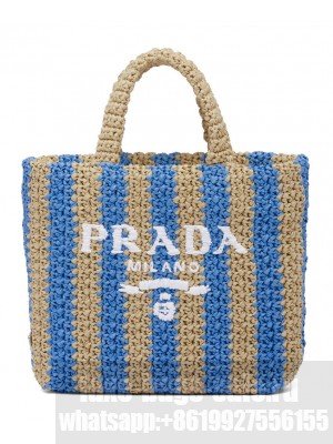 Prada Small Raffia Tote Bag Blue
