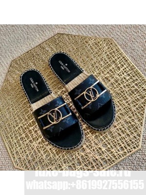 Louis Vuitton Monogram Canvas Espadrille Slide Sandals with Rectangle LV Buckle Black 2021 Collection