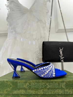 GUCCI WOMEN'S 6.5CM SLIDE SANDALS WITH CRYSTALS BLUE