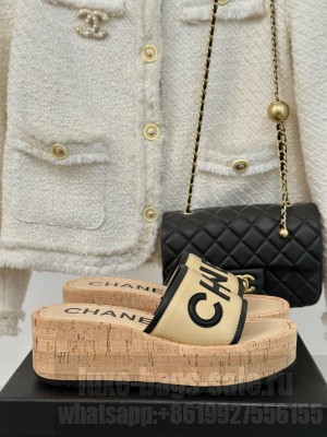 Chanel Lambskin Lambskin Platform Slide Mule Beige