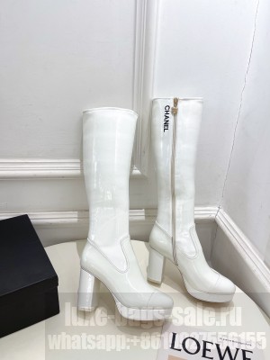 Chanel Patent Leather Heel 8cm platform 2cm Heel High Boots White