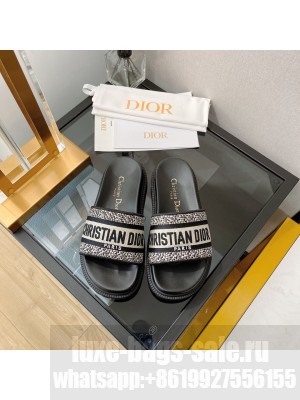 Dior Dway Slide Sandals in Black Reverse Embroidered Cotton 2022 Collection
