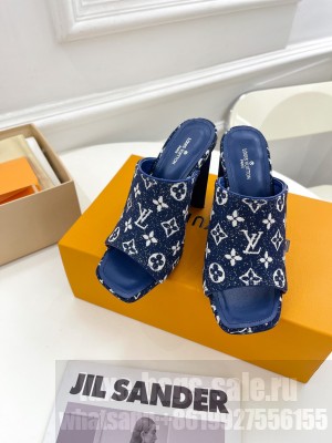 Louis Vuitton Silhouette Slide Sandals 10cm in Leather and Monogram Denim Mule 2023 Navy