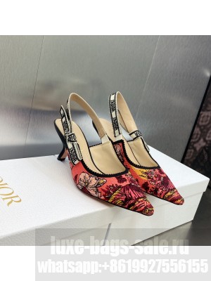 Dior J'Adior Slingback 6.5cm Pump Pink Multicolor Embroidered Cotton with Toile de Jouy Voyage Motif