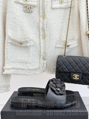 Chanel Lambskin Leather Flat Slides Sandal with Camellia Black 2025