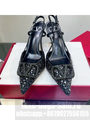 Valentino VLogo Slingback Pumps 8cm With Crytal Navy 2022 Collection