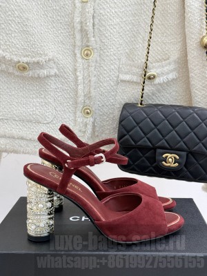 Chanel Suede Heel Sandals 8cm with Strass and Pearls Burgundy 2025