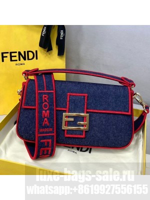 Fendi Baguette Medium Denim Flap Bag Dark Blue/Red  2021 Collection