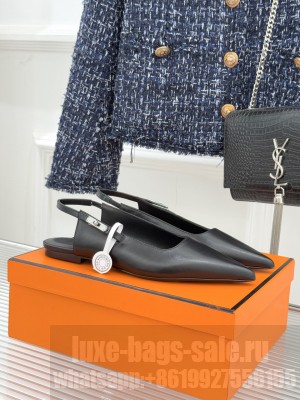 Hermes Lover Slingback Flat in Nappa leather with iconic Kelly buckle black