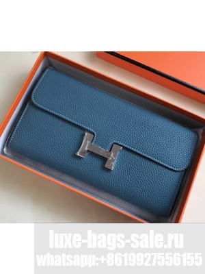 Hermes Epsom Calfskin Constance Long Wallet Clutch Bag Blue