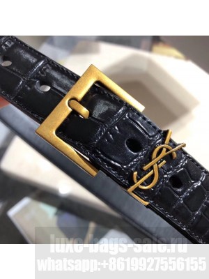 Saint Laurent Width 3cm Monogramme Belt With Square Buckle In Crocodile Embossed Leather Glossy Black/Gold