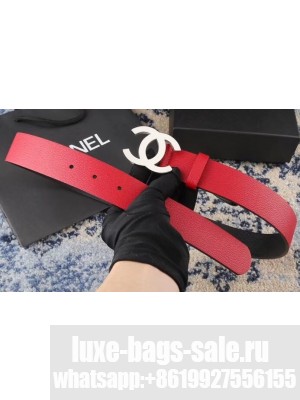 Chanel Width 3.5cm Leather Belt Red/Black with Silver CC Logo