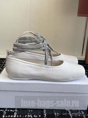 Dior D-Journey Lace-Up Ballet Flats in Perforated Supple Lambskin with Lace White
