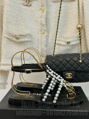 Chanel Lambskin With Pearl Flat Sandals Black