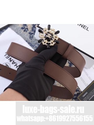 Chanel Width 3cm Crystal and Pearl Flower Buckle Leather Belt Coffee
