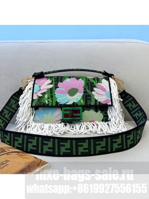 Fendi Baguette Medium Bag in Green Embroidered FF Canvas with Fringe  2021 Collection