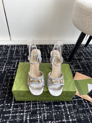 Gucci women's Horsebit 5.5cm/9.5cm Platform Silver Glitter sandals