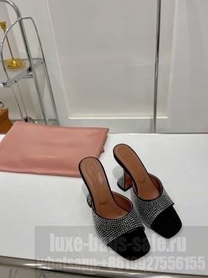 Amina Muaddi Caroline Crystal 9.5cm Slide Satin Open pointed toe Mule Sandal black