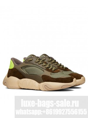 Valentino Unisex Garavani Bubbleback Mesh And Suede Sneaker Dark Green